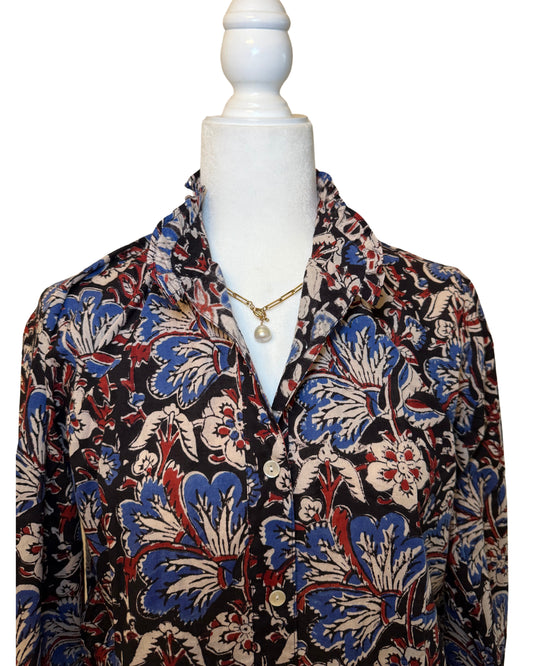 Red, Blue, and Black Floral Block Print Women's Button Up Ruffled Collared Blouse