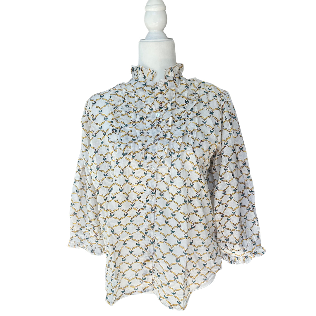 Red, Blue & Yellow Ruffle Bib Blouse with 3/4 Sleeves - Button Down