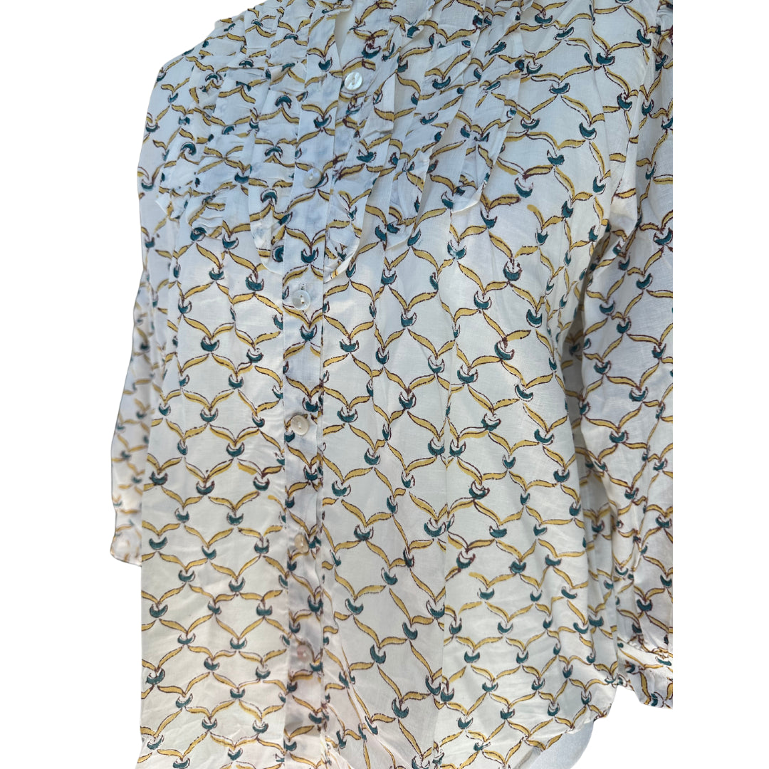 Red, Blue & Yellow Ruffle Bib Blouse with 3/4 Sleeves - Button Down