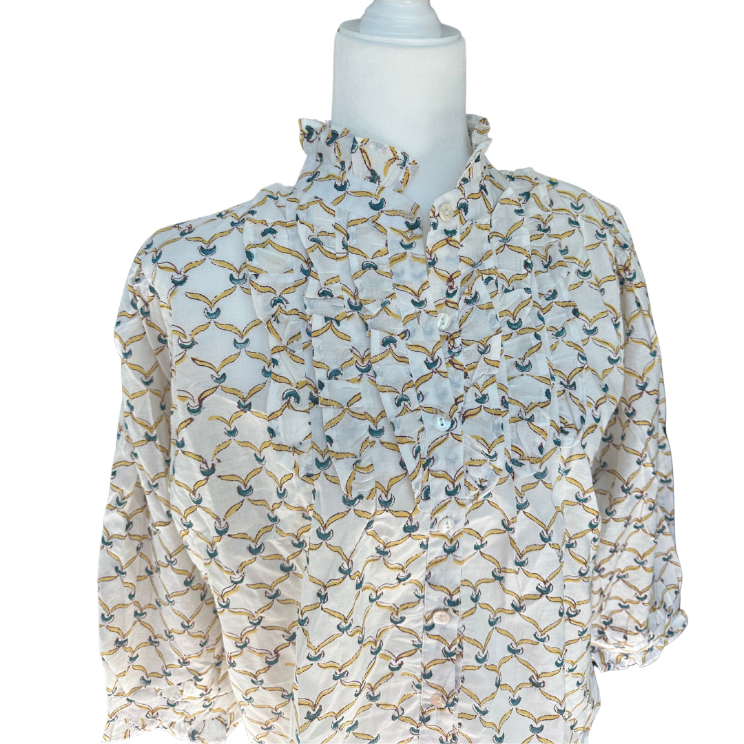 Red, Blue & Yellow Ruffle Bib Blouse with 3/4 Sleeves - Button Down
