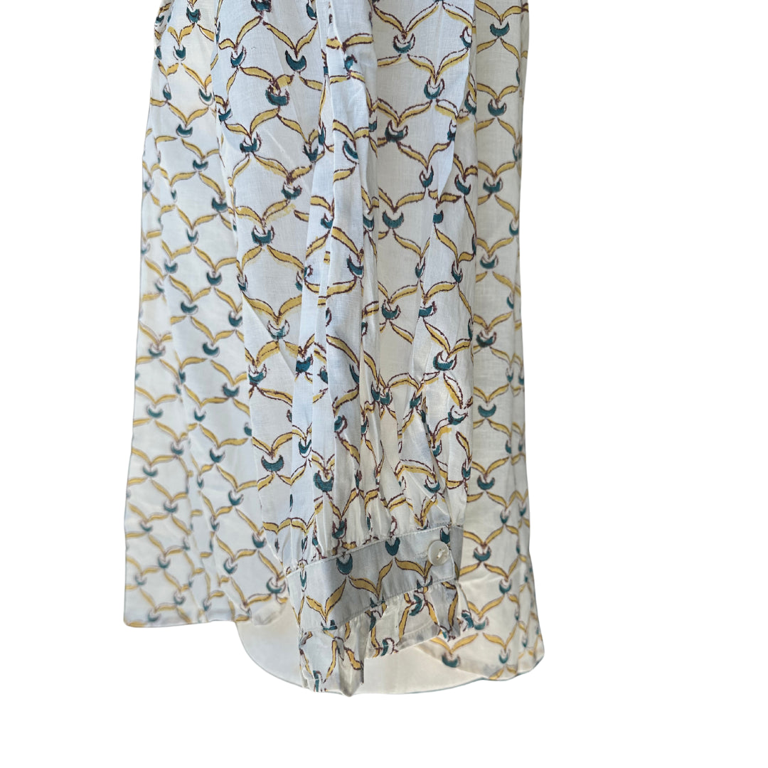 Red, Blue & Yellow Ruffle Bib Blouse with 3/4 Sleeves - Button Down