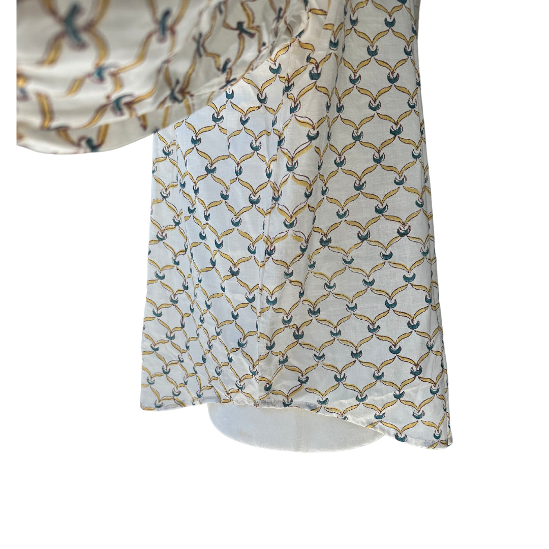 Red, Blue & Yellow Ruffle Bib Blouse with 3/4 Sleeves - Button Down