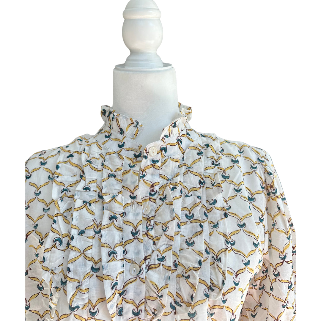 Red, Blue & Yellow Ruffle Bib Blouse with 3/4 Sleeves - Button Down