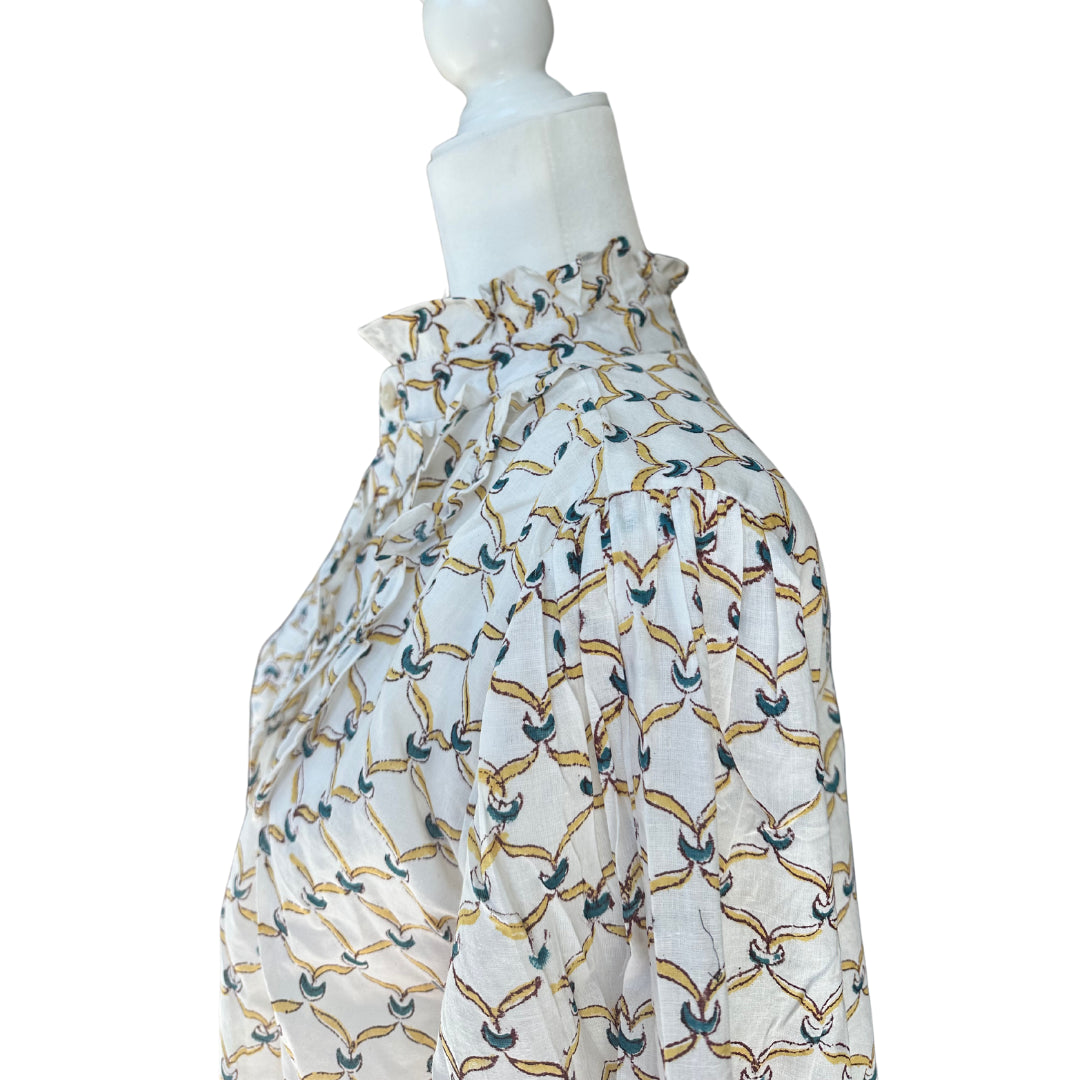 Red, Blue & Yellow Ruffle Bib Blouse with 3/4 Sleeves - Button Down