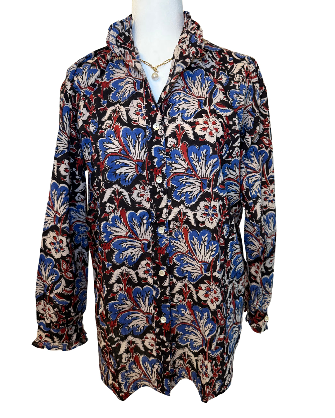 Red, Blue, and Black Floral Block Print Women's Button Up Ruffled Collared Blouse