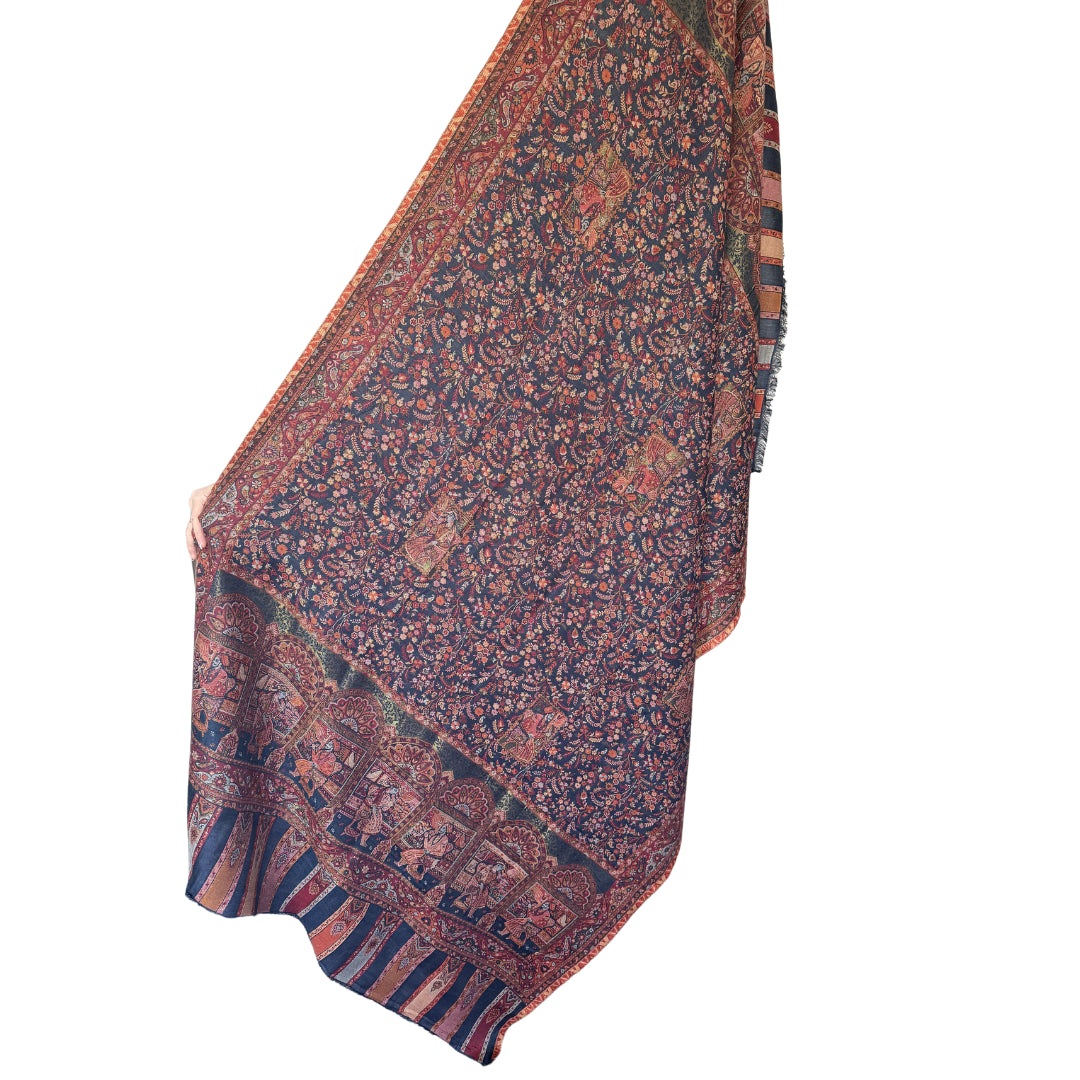 Hand Loomed Kani Blue Floral Pashmina Kashmiri Shawl with Silk