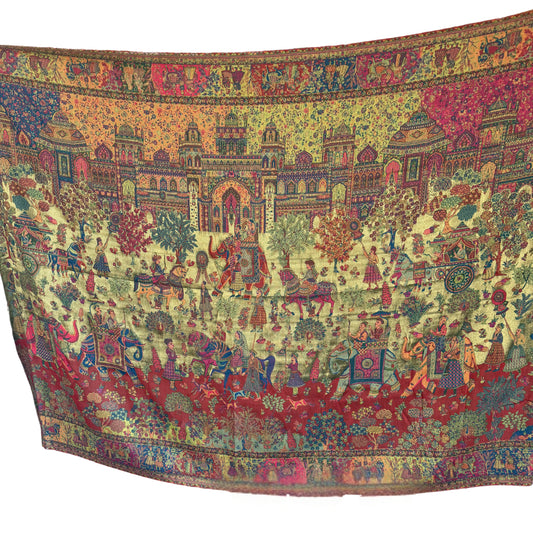Red Based Silk Story Depiction Kani Pashmina Kashmiri Shawl