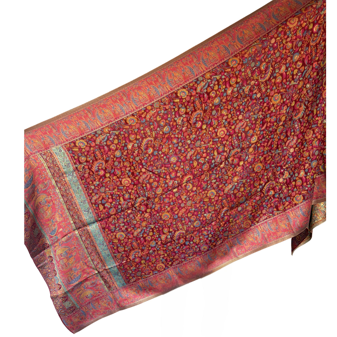 Multi Color Floral Hand Loomed Pashmina Kashmiri Shawl with Silk