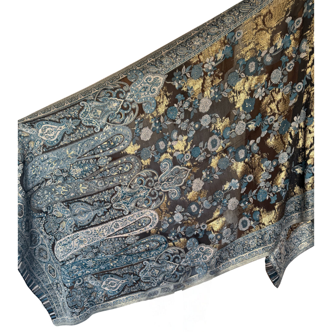 Blue, Black & Gold Floral, Geometric Hand Loomed Kani Pashmina Kashmiri Shawl with Silk