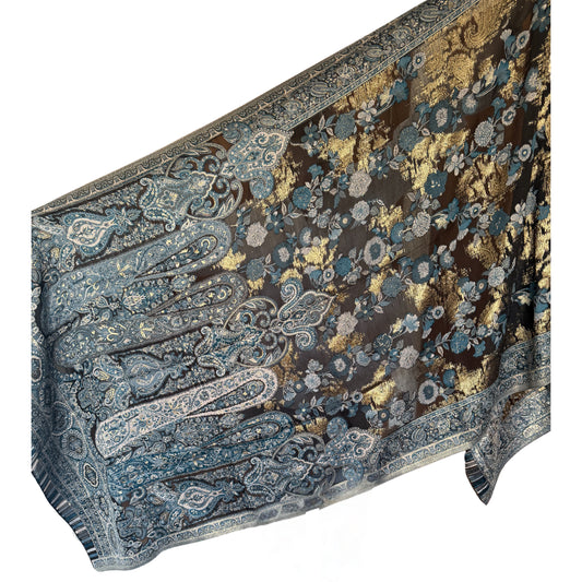 Blue, Black & Gold Floral, Geometric Hand Loomed Kani Pashmina Kashmiri Shawl with Silk