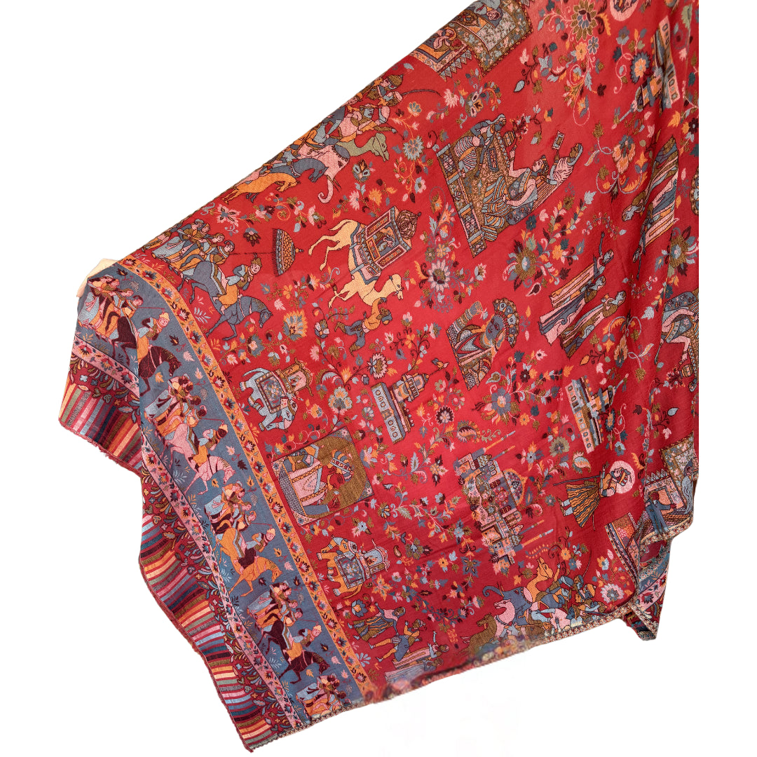 Red Multi Color Pashmina Cashmere Story Depiction Shawl