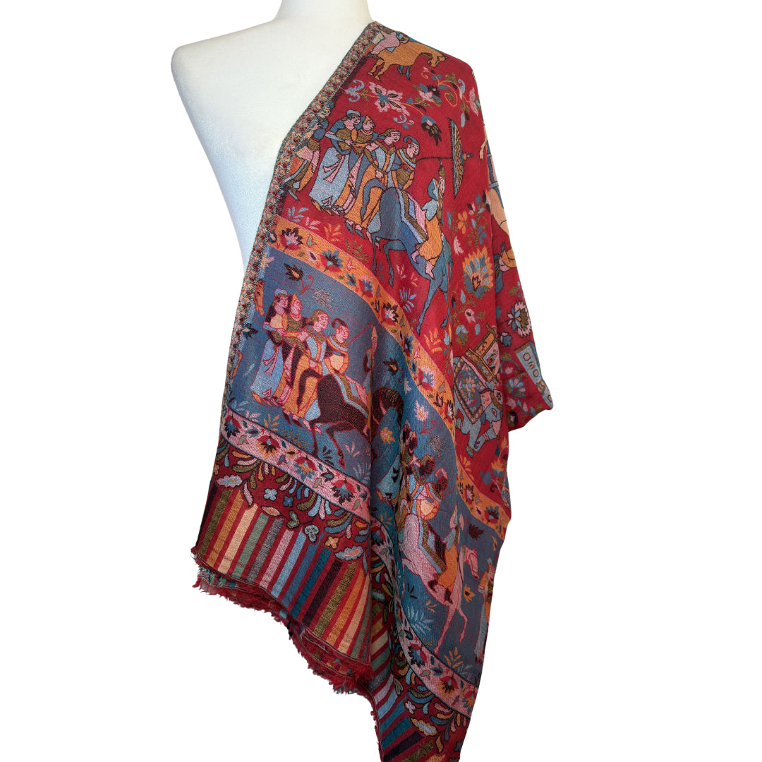 Red Multi Color Pashmina Cashmere Story Depiction Shawl