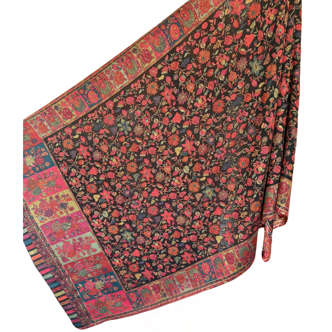 Black Multi Color Floral Hand Loomed Pashmina Kashmiri Shawl with Silk