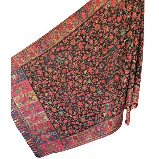 Black Multi Color Floral Hand Loomed Pashmina Kashmiri Shawl with Silk