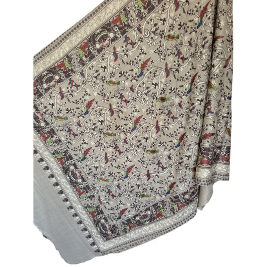 Chinoiserie Embroidered Sonzi Beige, Green, Red, Blue, & Silver Pashmina Shawl