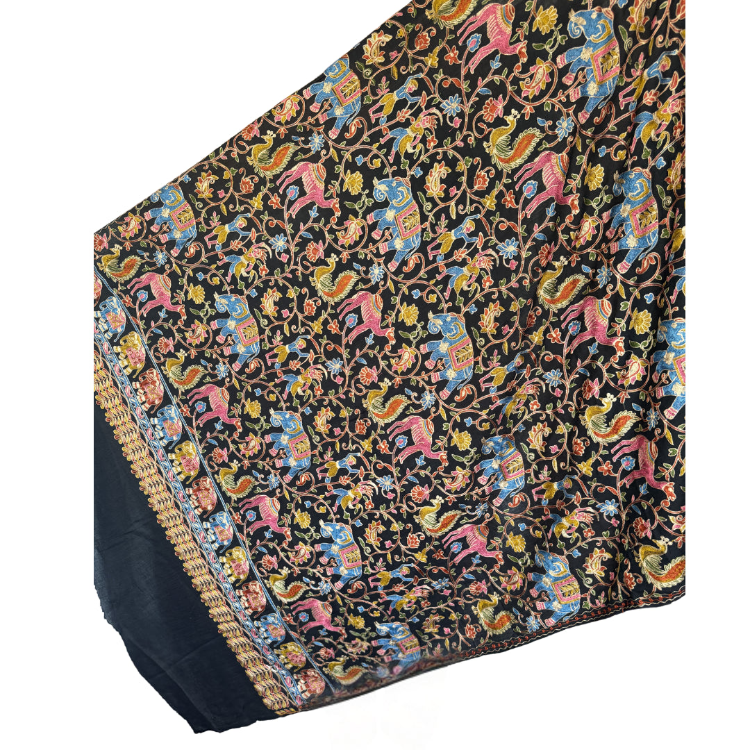 Black Embroidered Sonzi Floral & Animals in Multi Color Pashmina Shawl