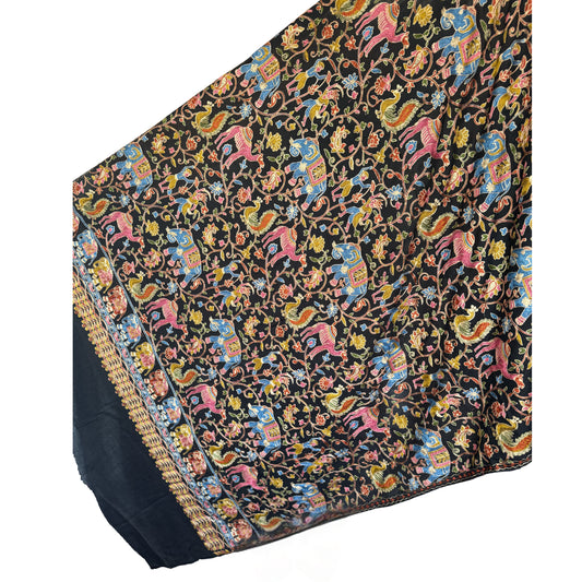 Black Embroidered Sonzi Floral & Animals in Multi Color Pashmina Shawl