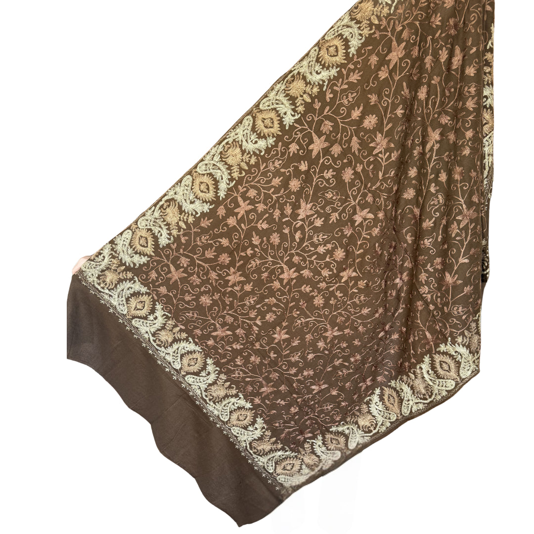 Sonzi Dark Brown Pashmina Shawl with a Gold Border