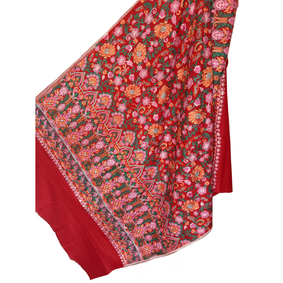 Embroidered Sonzi Floral Red, Blue, Orange, Green & Pink Pashmina Shawl