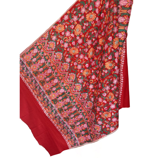 Embroidered Sonzi Floral Red, Blue, Orange, Green & Pink Pashmina Shawl