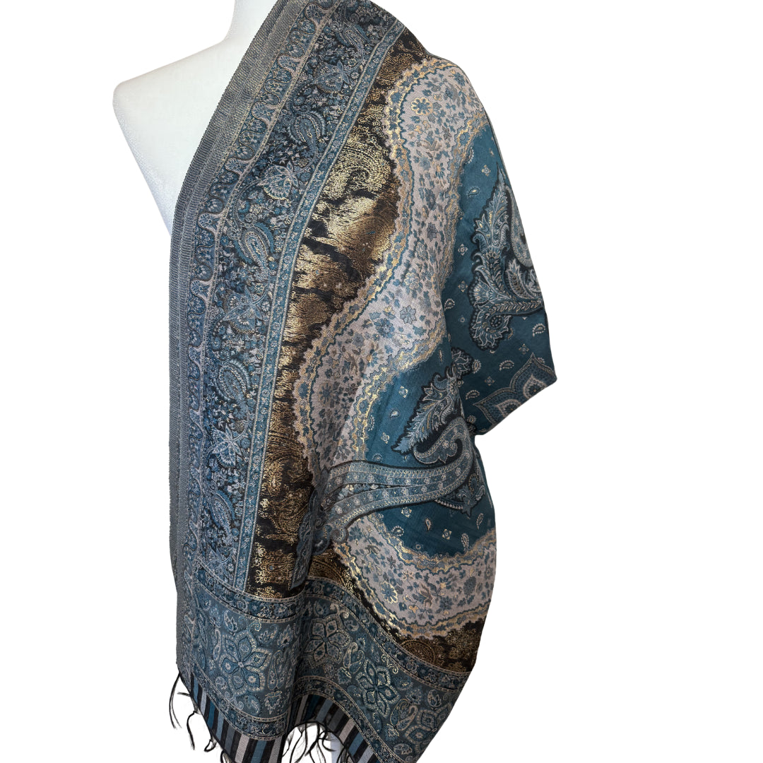 Blue, Black & Gold Floral, Geometric Hand Loomed Kani Pashmina Kashmiri Shawl with Silk
