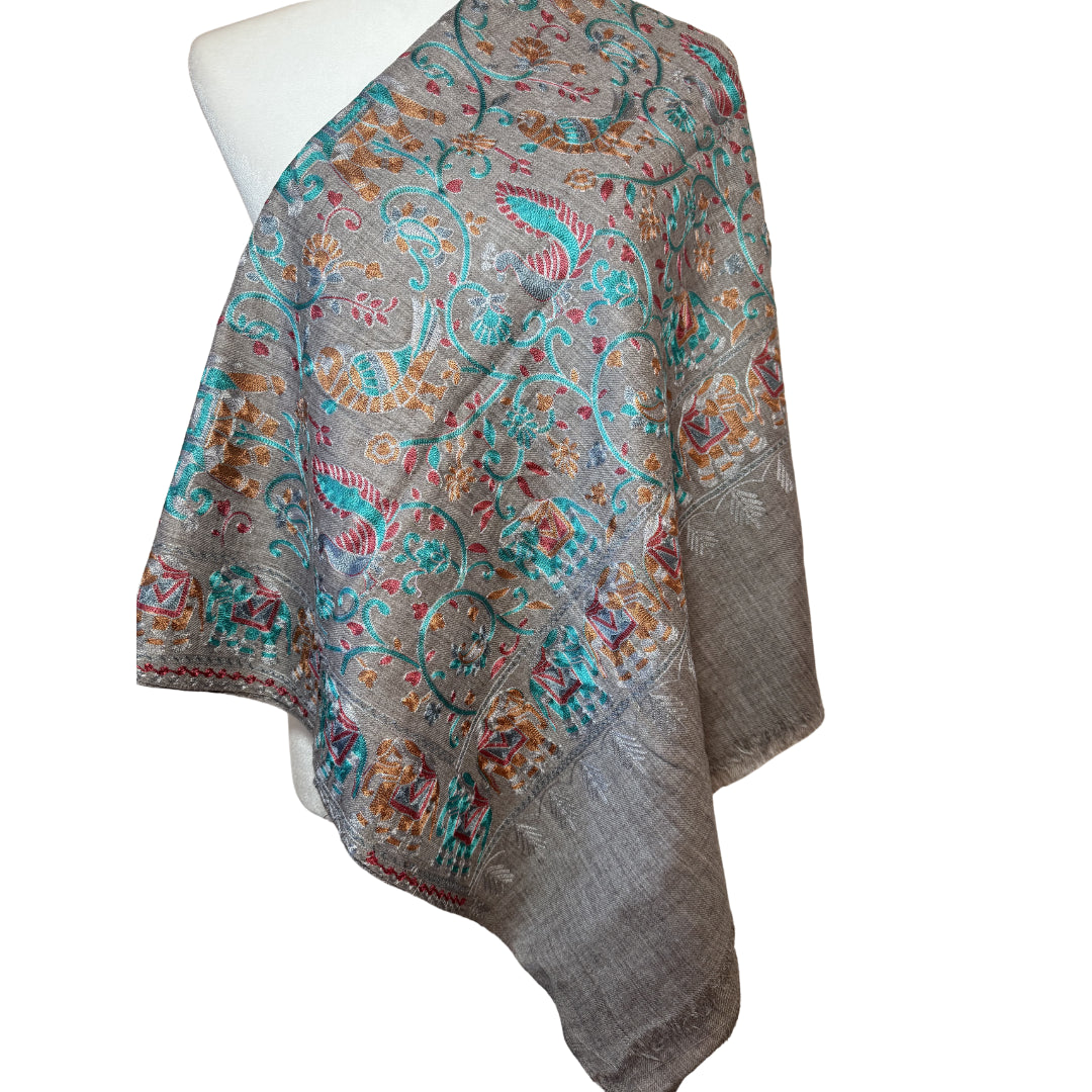 Sonzi Gray, Blue, Orange & Silver Pashmina Shawl
