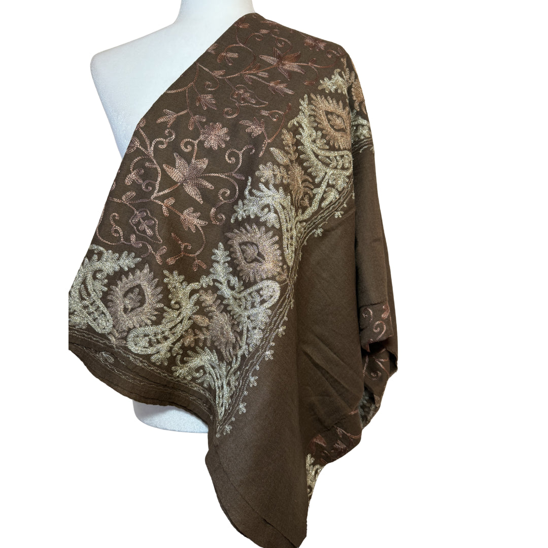 Sonzi Dark Brown Pashmina Shawl with a Gold Border