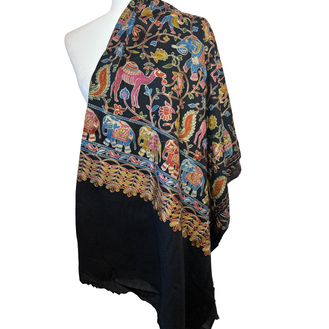 Black Embroidered Sonzi Floral & Animals in Multi Color Pashmina Shawl