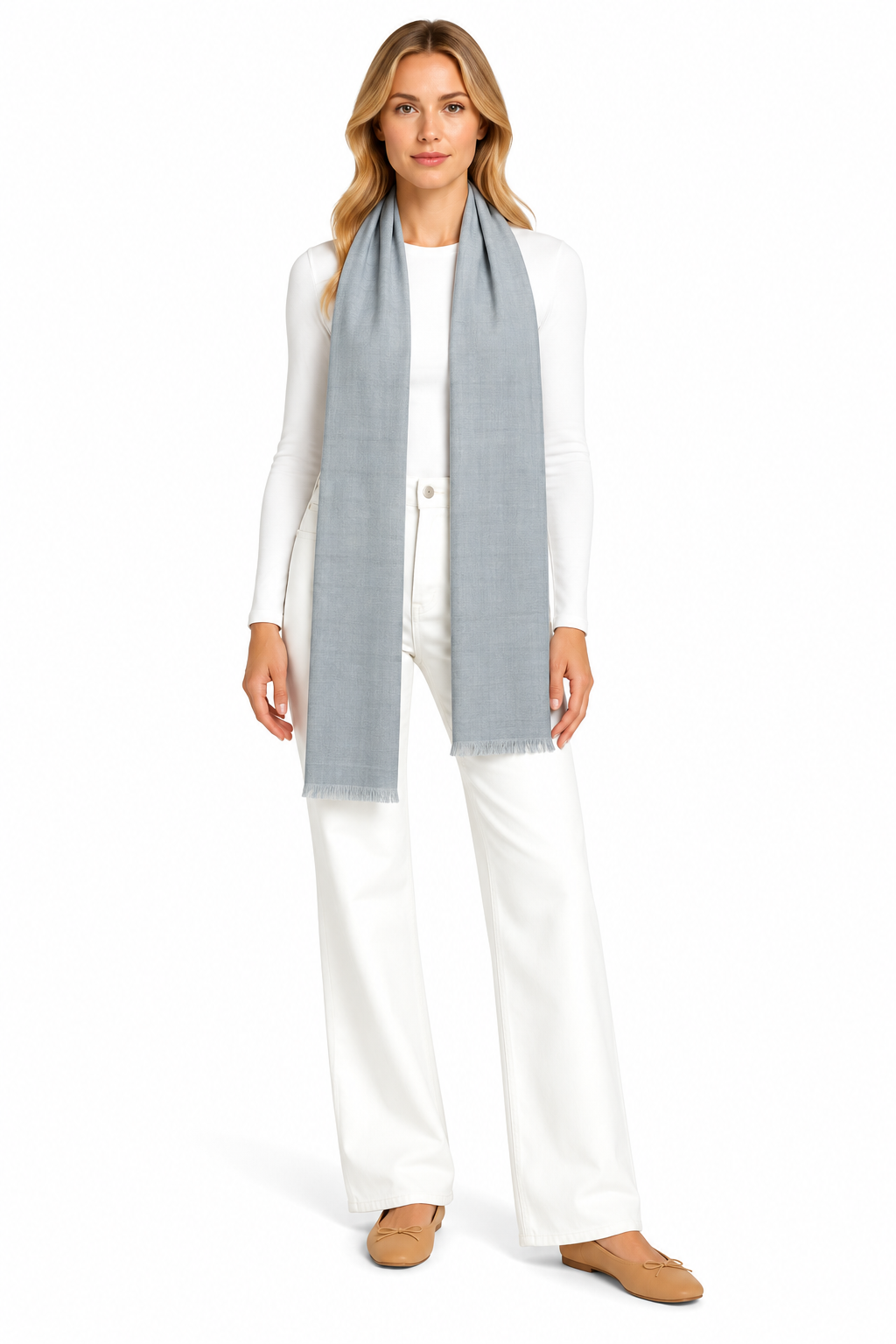 Silver Gray Cashmere Scarf styled on model