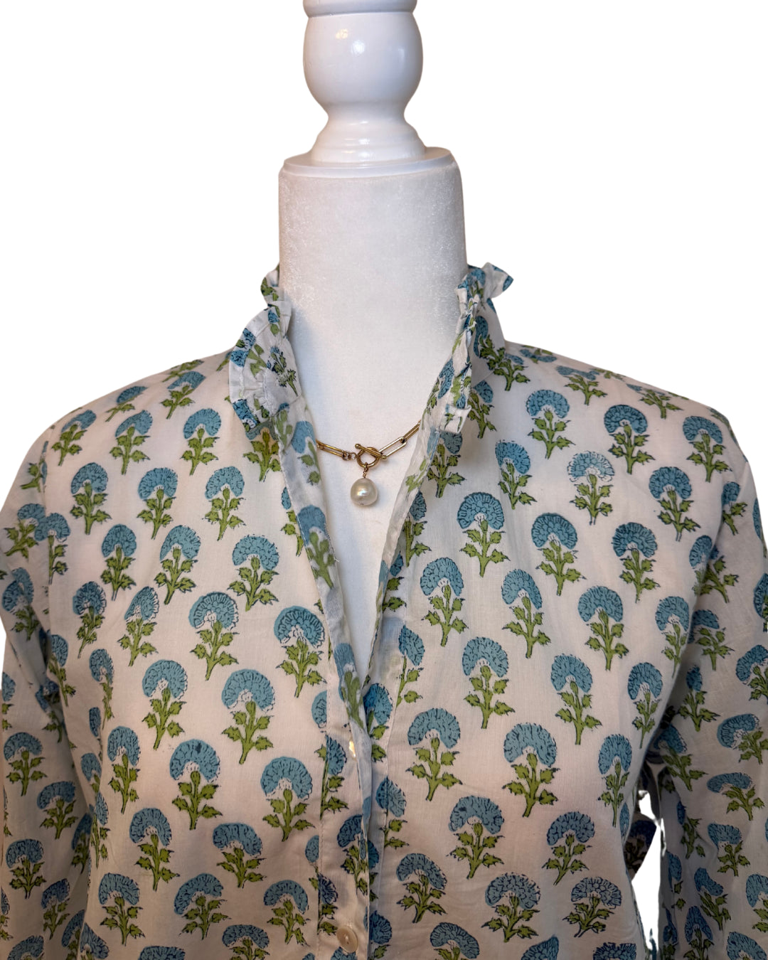 Small Blue and Green Floral Block Print Women's Button Up Ruffled Collared Blouse
