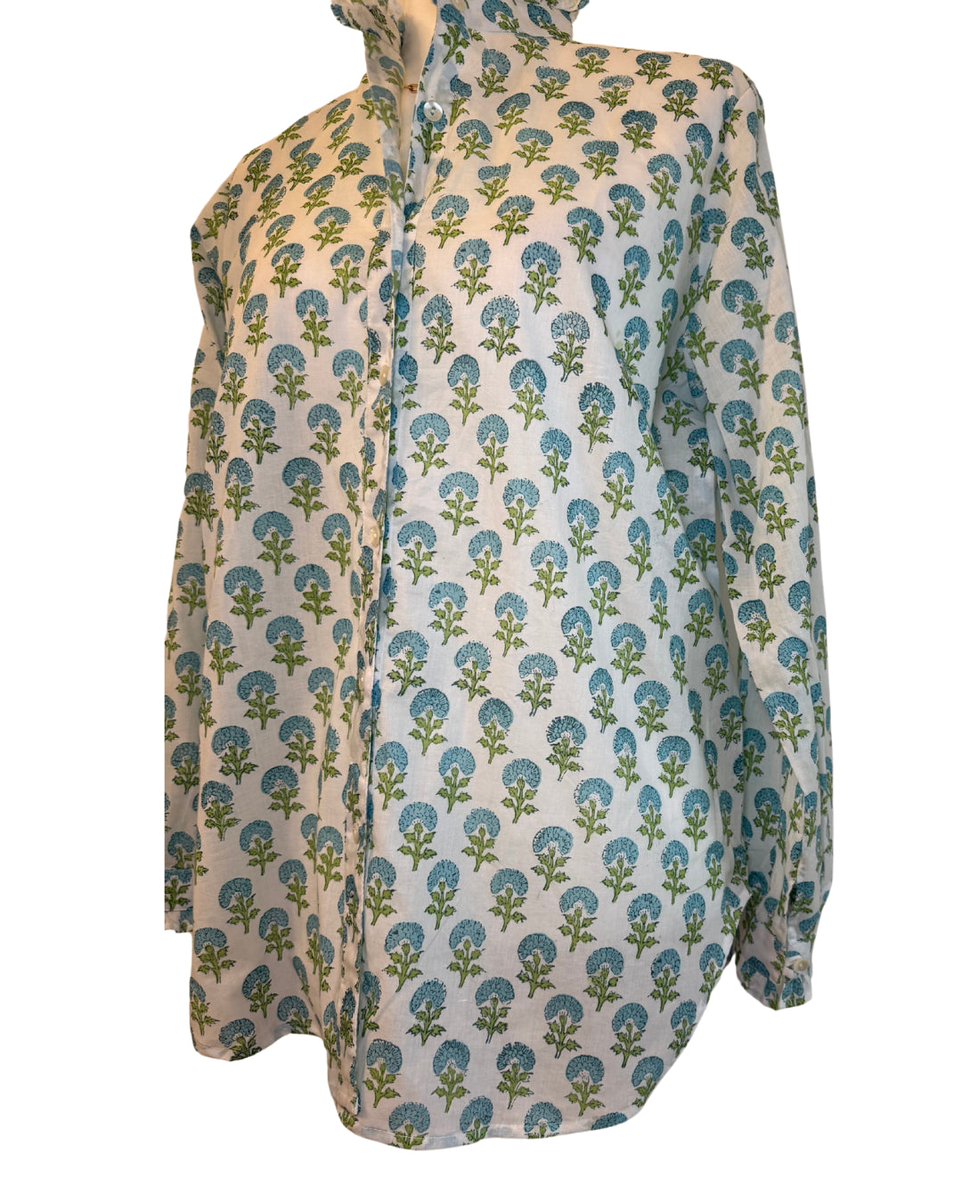 Small Blue and Green Floral Block Print Women's Button Up Ruffled Collared Blouse