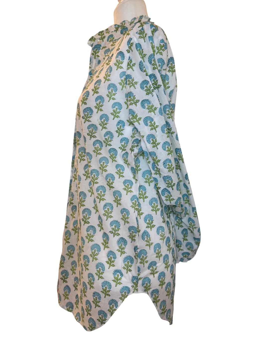 Small Blue and Green Floral Block Print Women's Button Up Ruffled Collared Blouse