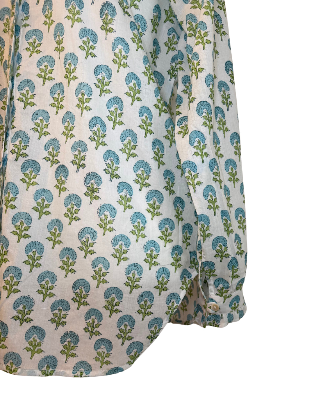 Small Blue and Green Floral Block Print Women's Button Up Ruffled Collared Blouse