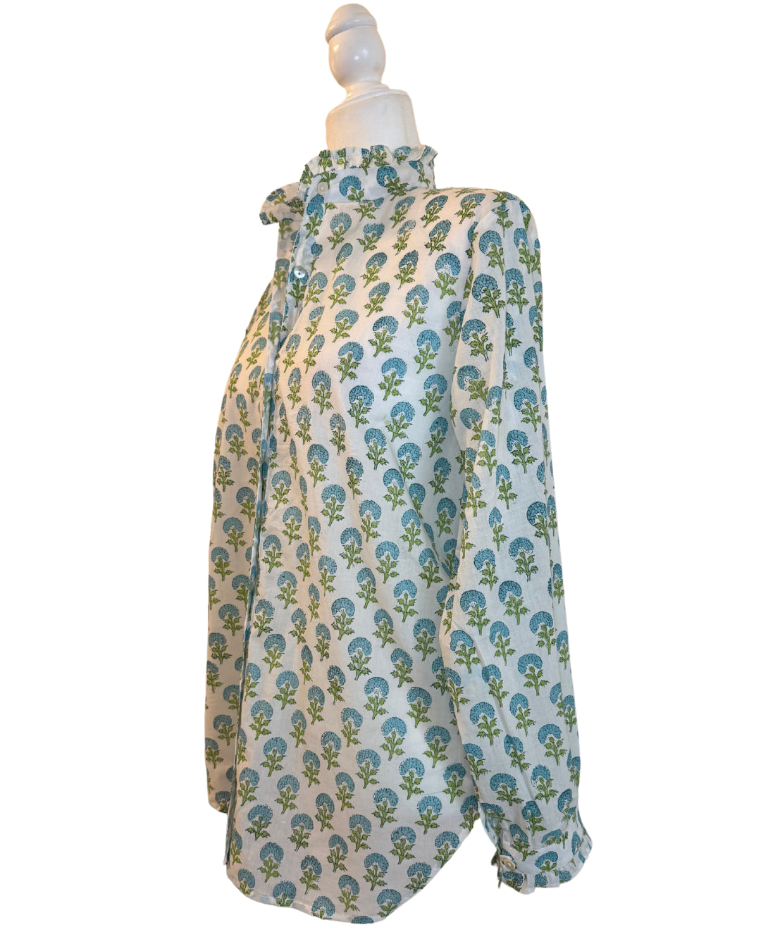 Small Blue and Green Floral Block Print Women's Button Up Ruffled Collared Blouse