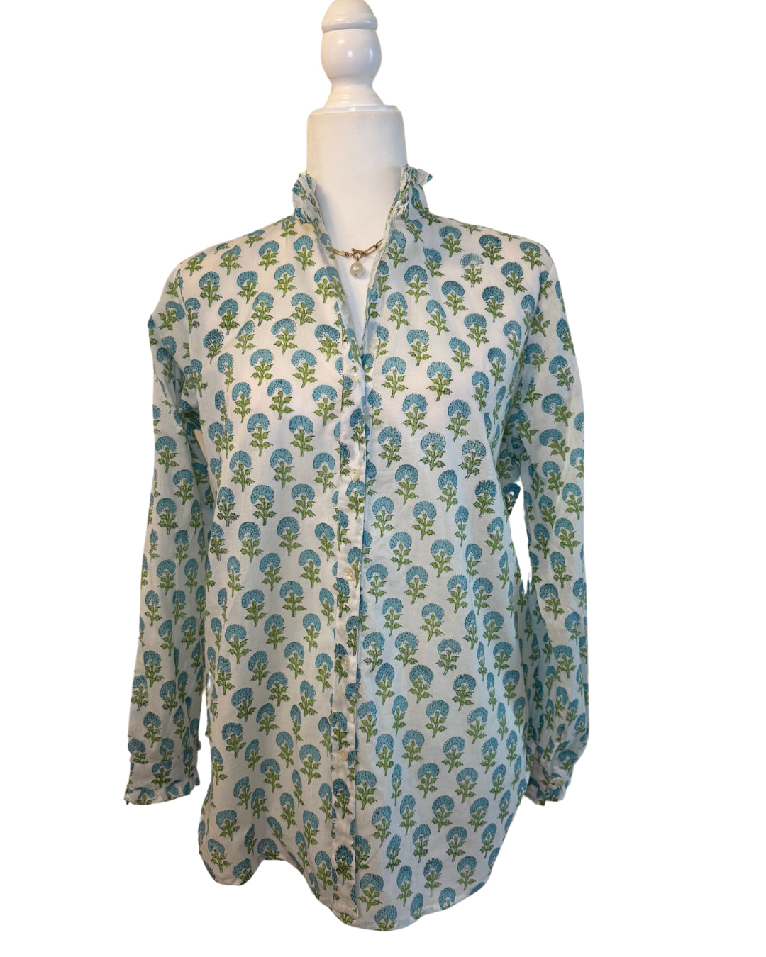 Small Blue and Green Floral Block Print Women's Button Up Ruffled Collared Blouse