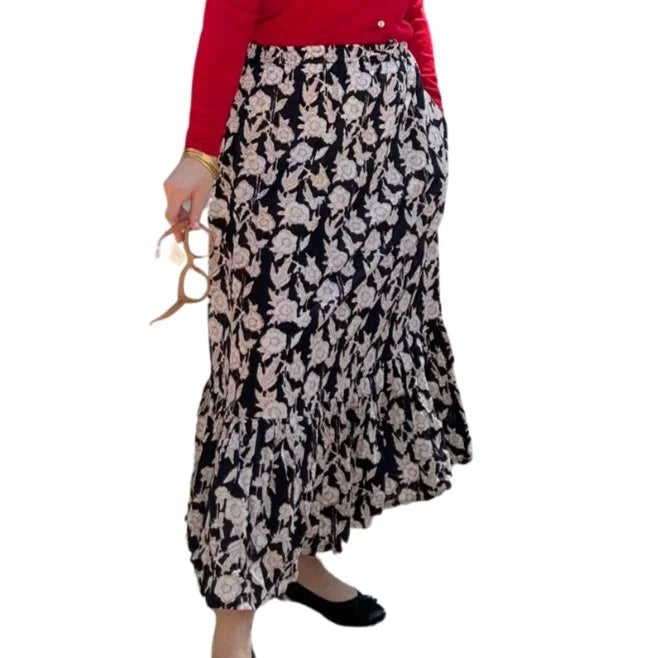 One Tier Maxi Skirt With Pockets and Drawstring - Block Print Red, Black, and White Floral