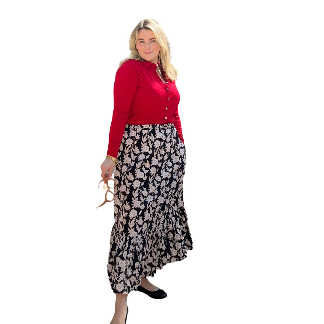 One Tier Maxi Skirt With Pockets and Drawstring - Block Print Red, Black, and White Floral