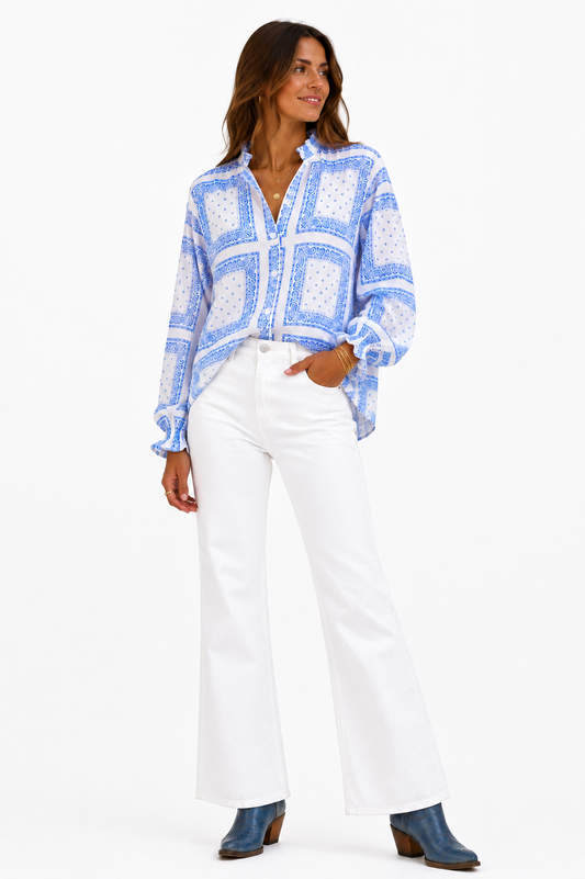 The Round Top Boyfriend Blouse in White — detail