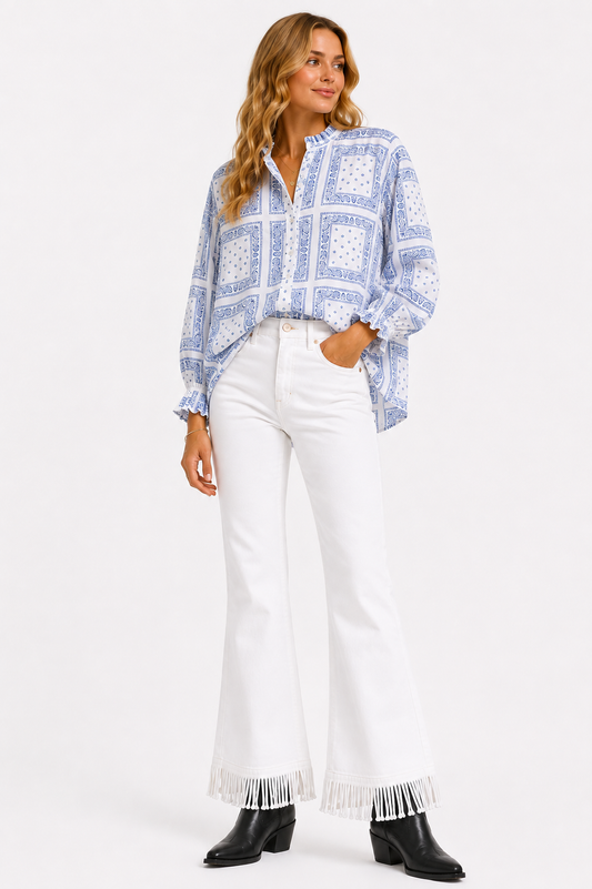 The Round Top Boyfriend Blouse in White — front
