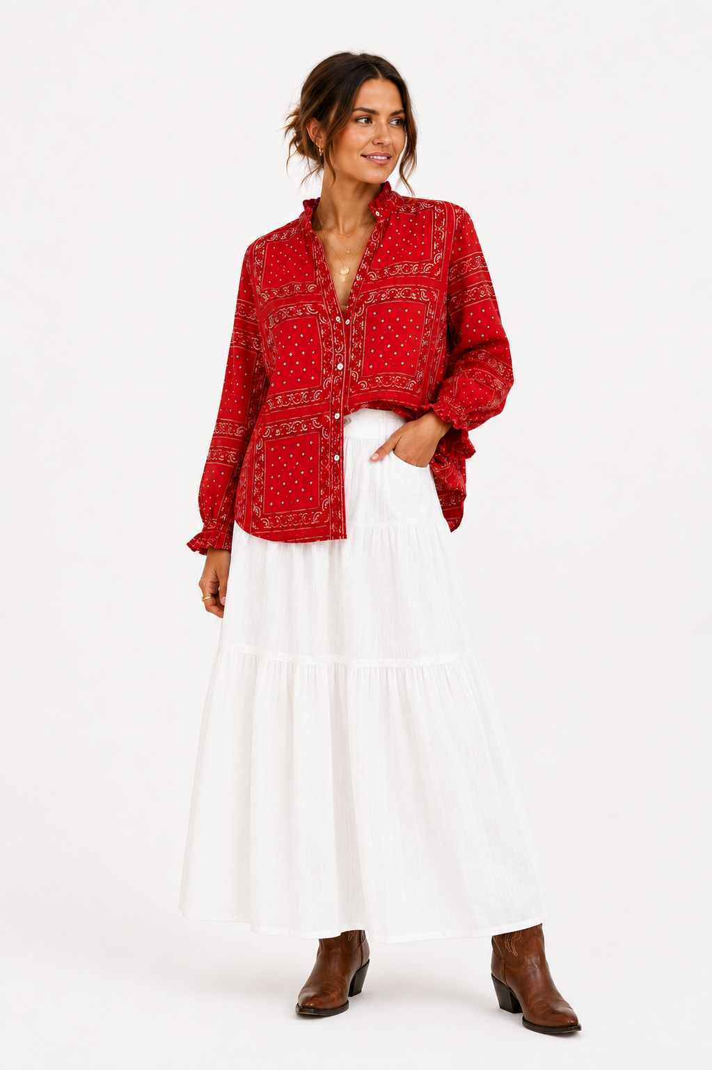 The Round Top Boyfriend Blouse in Red — detail