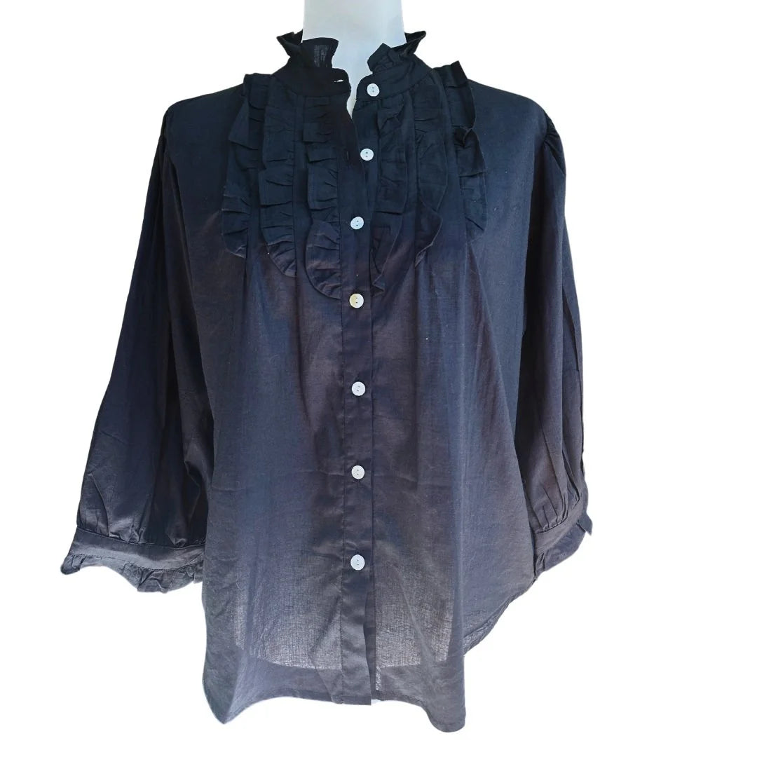 Black Ruffle Bib Blouse with 3/4 Sleeves - Button Down