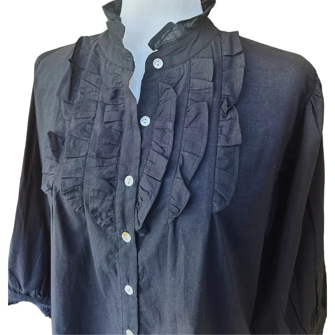 Black Ruffle Bib Blouse with 3/4 Sleeves - Button Down
