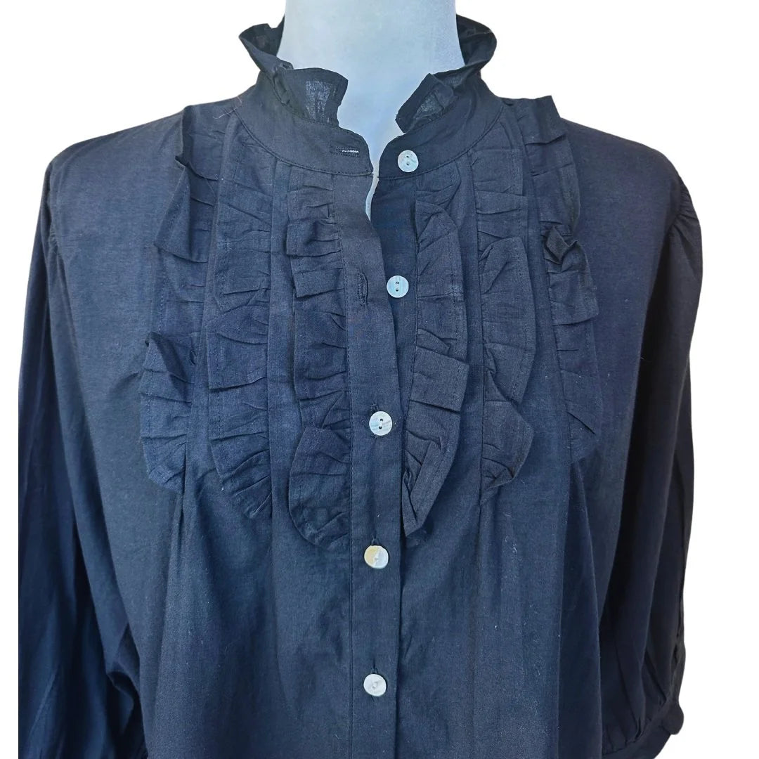 Black Ruffle Bib Blouse with 3/4 Sleeves - Button Down