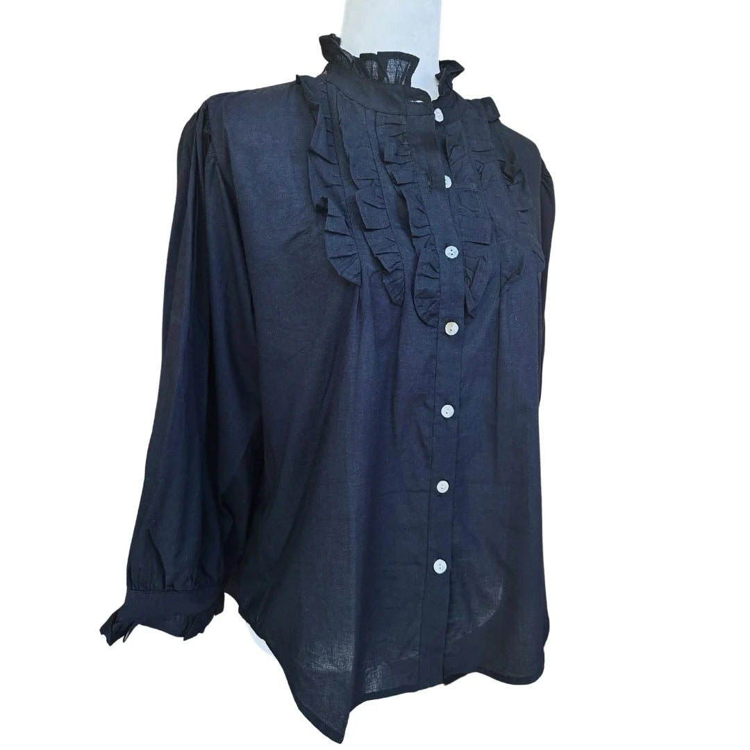 Black Ruffle Bib Blouse with 3/4 Sleeves - Button Down