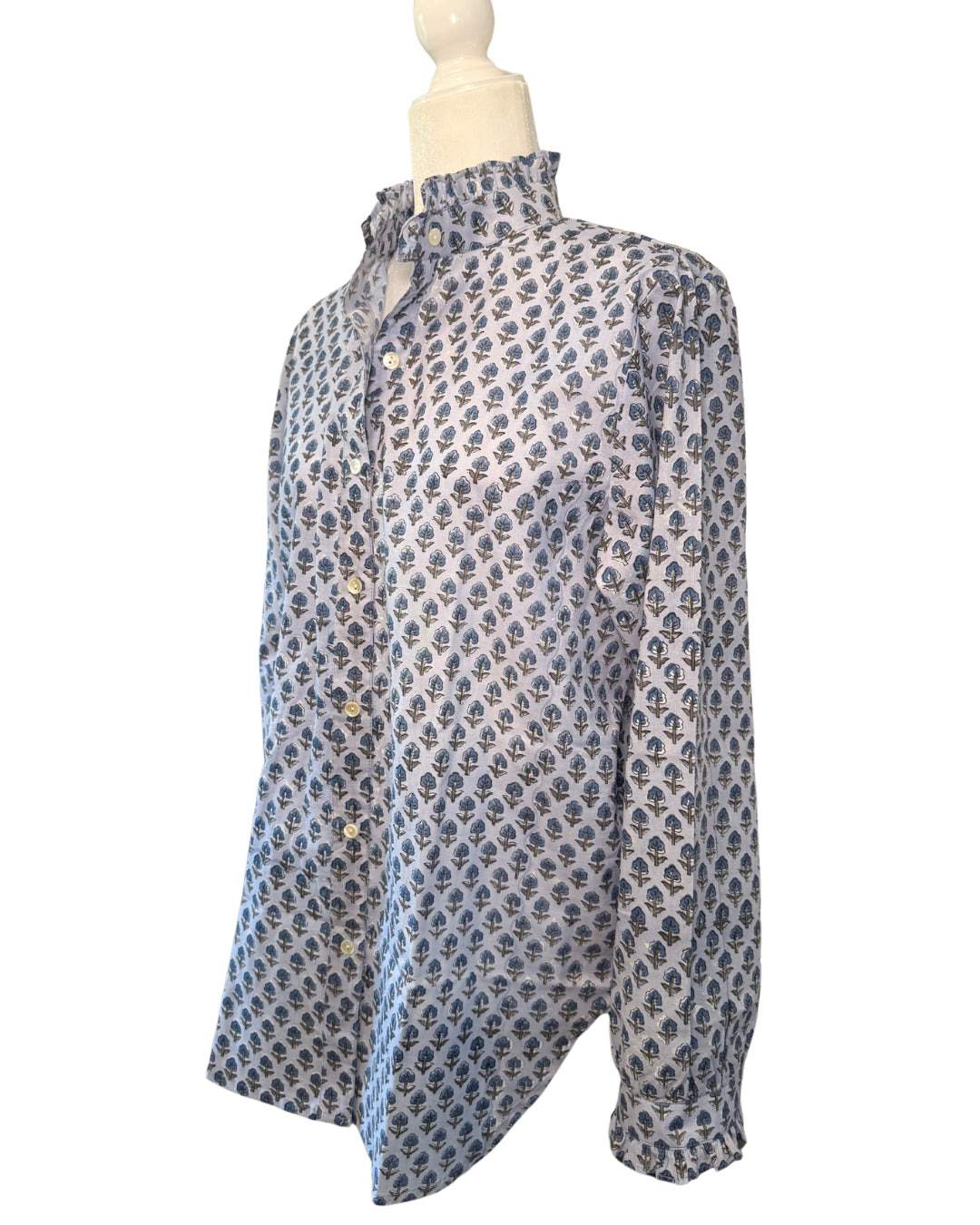 Small Blue Floral Block Print Women's Button Up Ruffled Collared Blouse