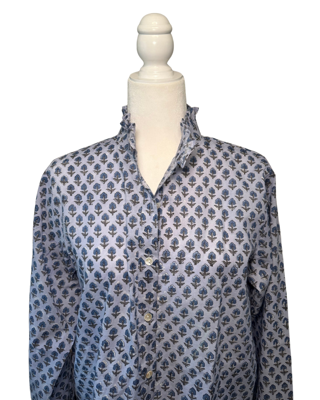 Small Blue Floral Block Print Women's Button Up Ruffled Collared Blouse