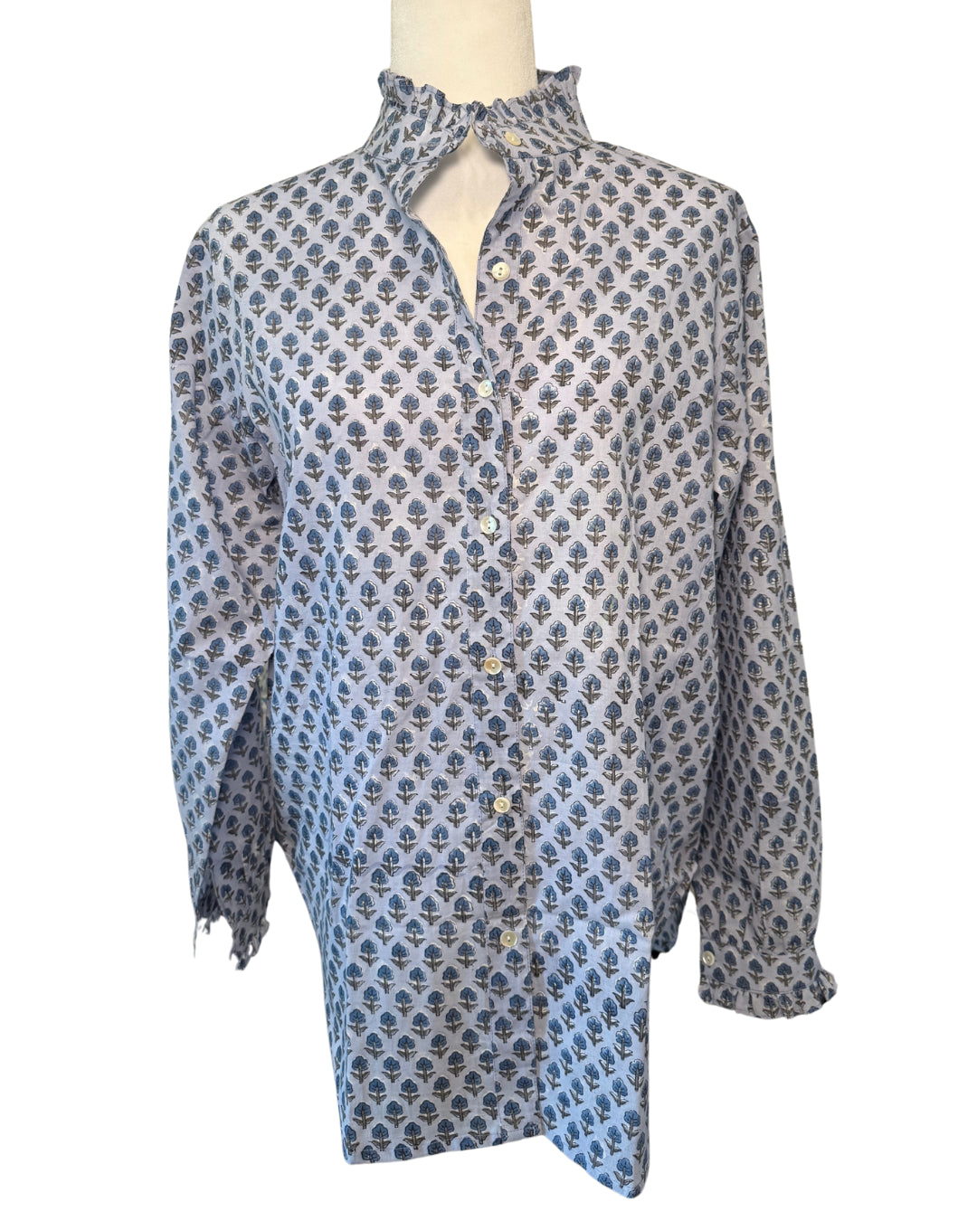 Small Blue Floral Block Print Women's Button Up Ruffled Collared Blouse