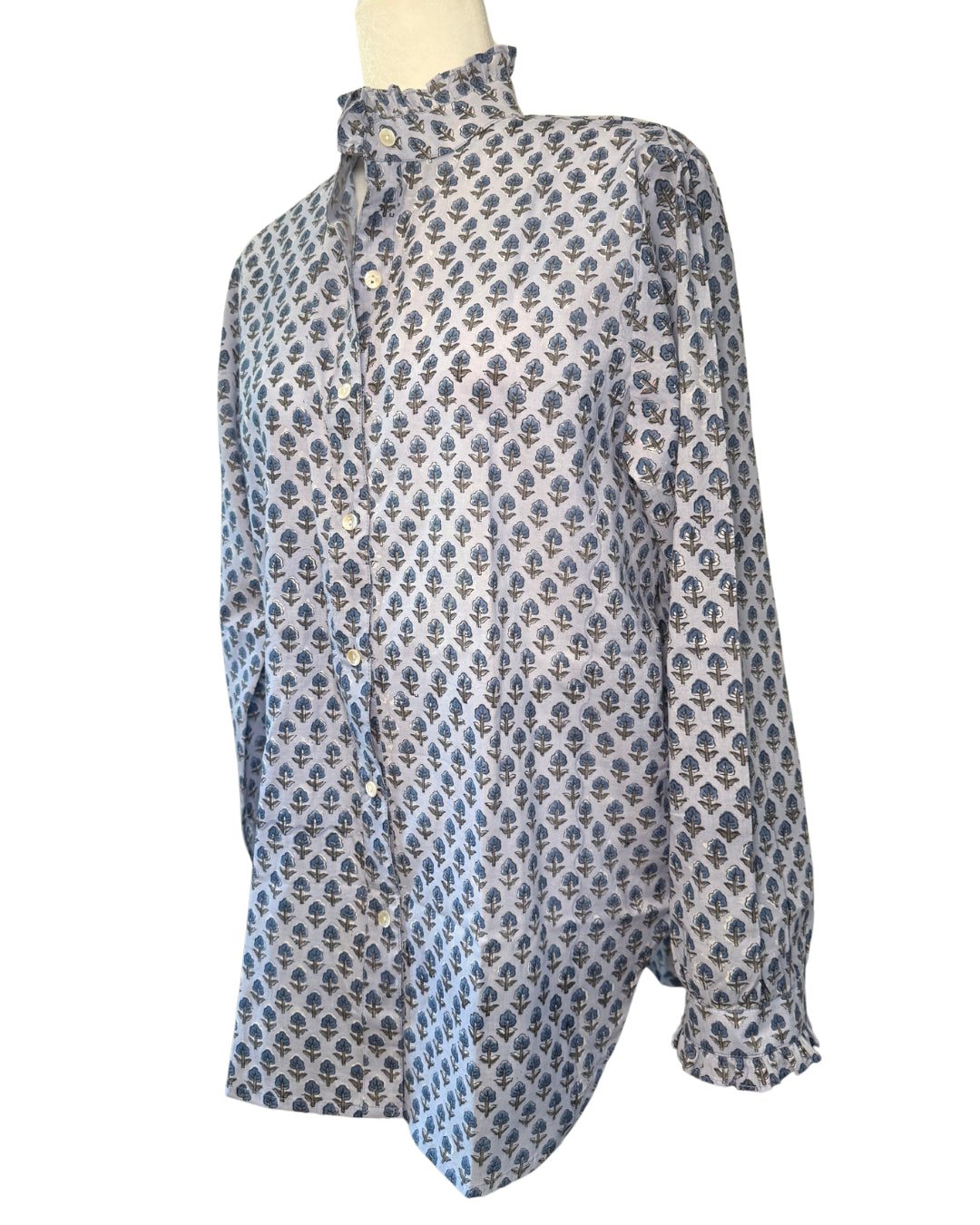 Small Blue Floral Block Print Women's Button Up Ruffled Collared Blouse
