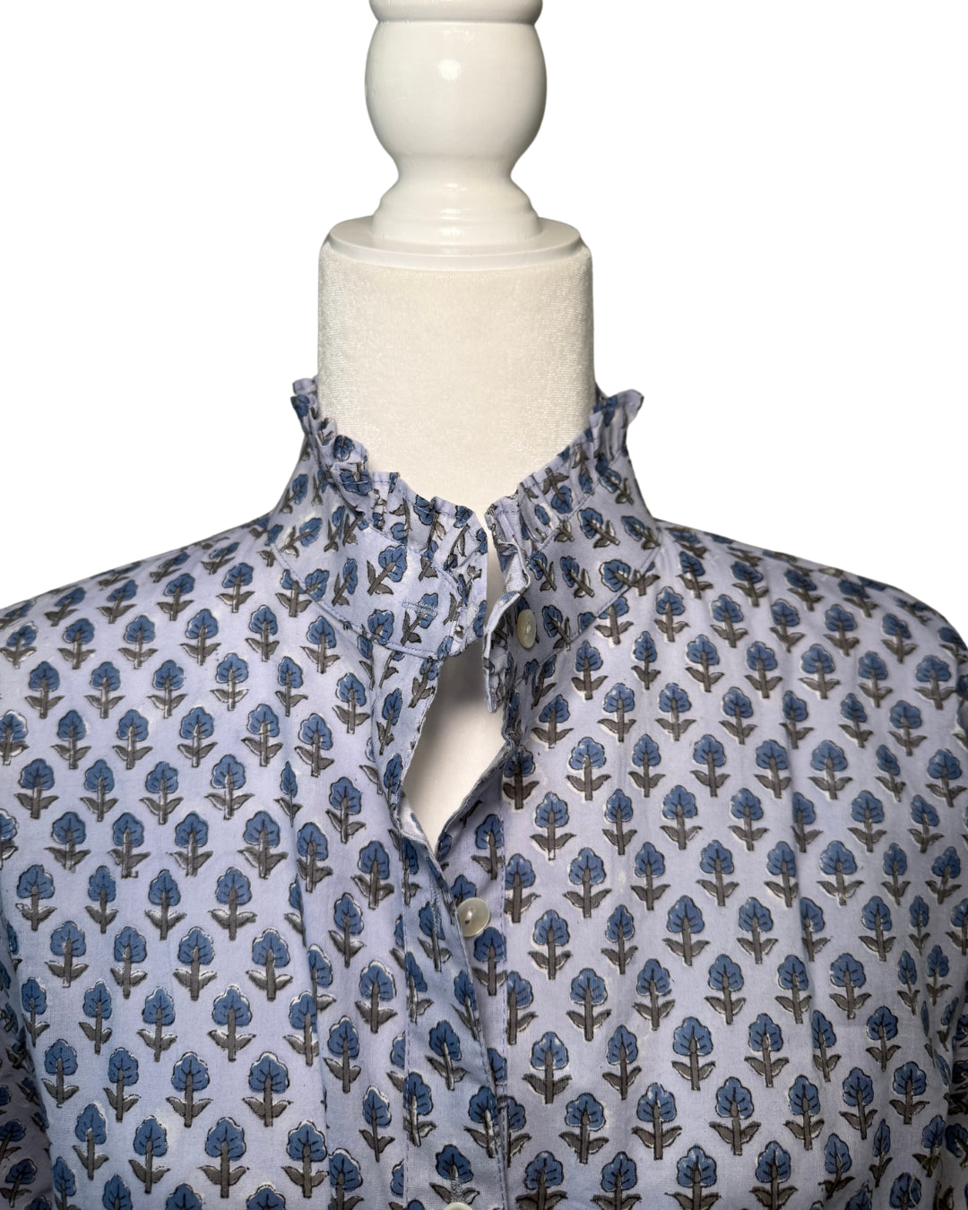 Small Blue Floral Block Print Women's Button Up Ruffled Collared Blouse