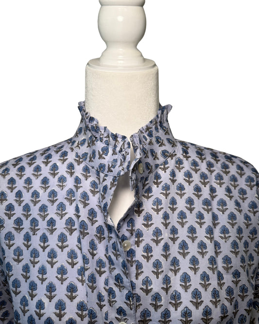 Small Blue Floral Block Print Women's Button Up Ruffled Collared Blouse